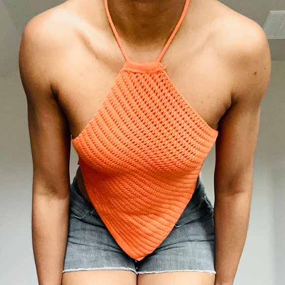 Orange Diamond Backless Knit Tie Top - Picture 4 of 9